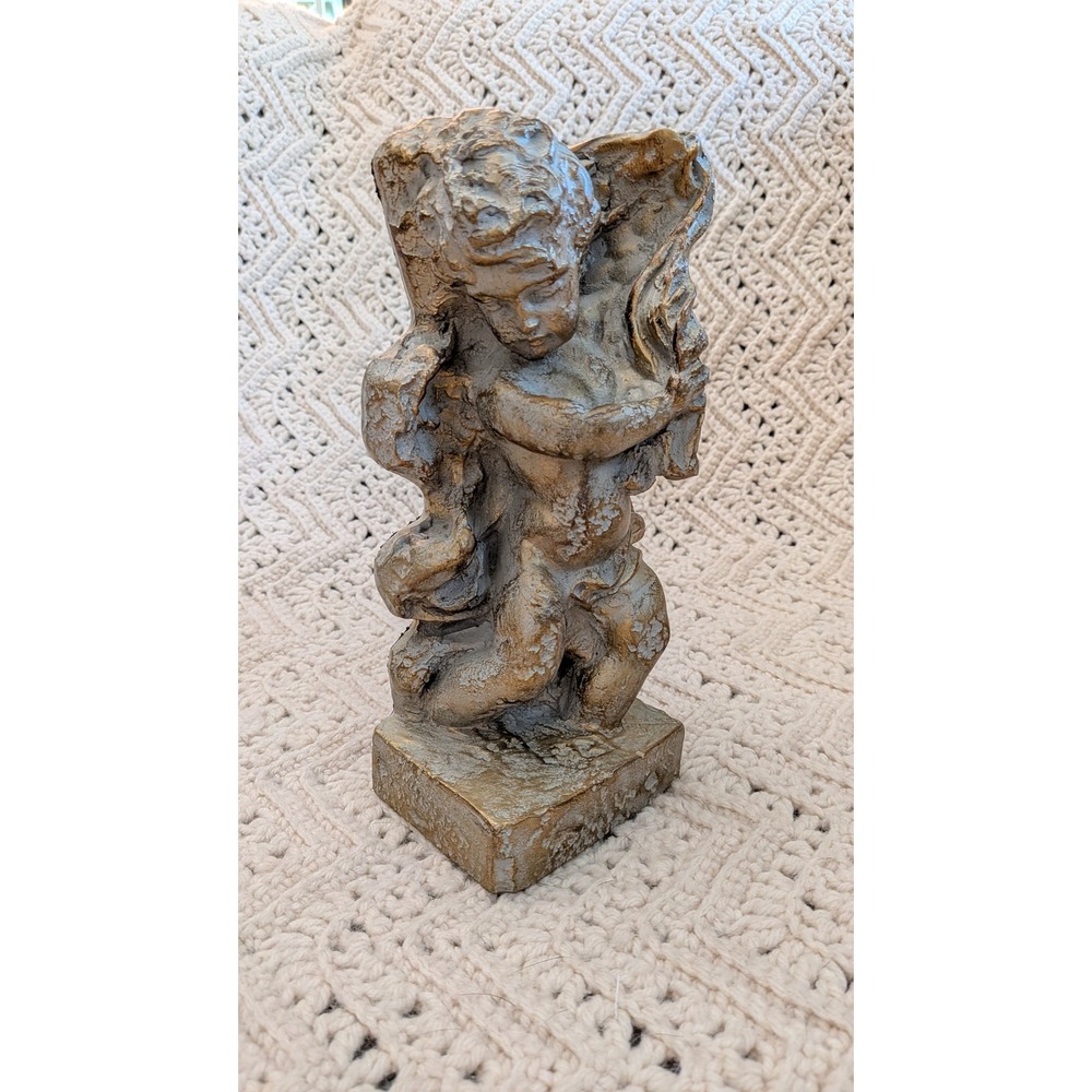 Vintage Cherub Angel Bookend Statue Gold Silver Distressed Finish 9.5 Incch